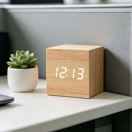 Digital Cube Alarm Clock with Temperature and Date, 3 Alarms, Wood Effect