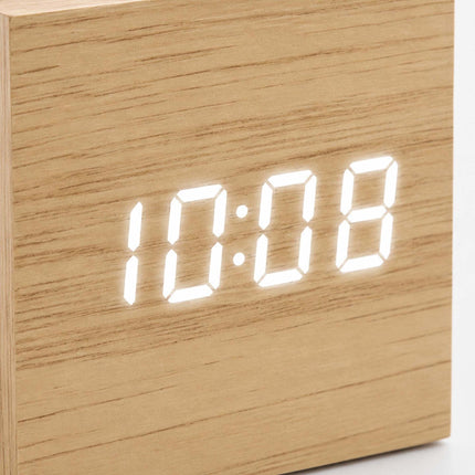 Digital Cube Alarm Clock with Temperature and Date, 3 Alarms, Wood Effect