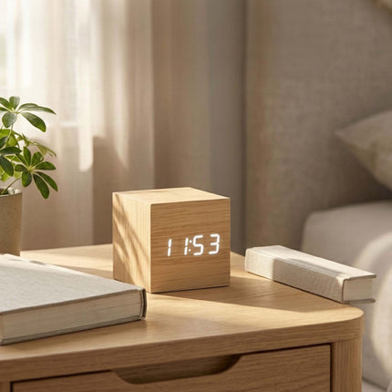 Digital Cube Alarm Clock with Temperature and Date, 3 Alarms, Wood Effect