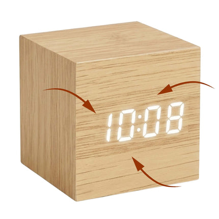 Digital Cube Alarm Clock with Temperature and Date, 3 Alarms, Wood Effect