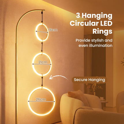 Dimmable LED Floor Lamp with 3 Light Rings and Foot Switch, Gold, 180 cm
