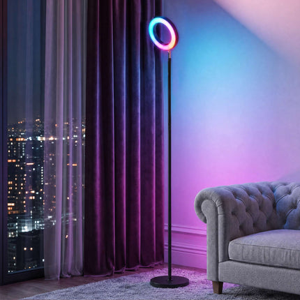 Dimmable RGB Floor Lamp 42 W with Rotating Ring Head, Voice Control, Black