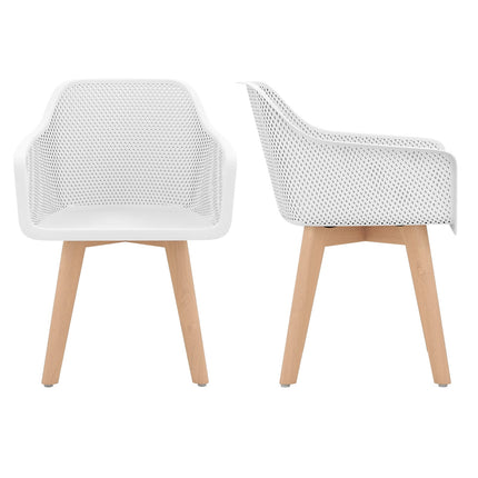 Set de 2 scaune de bucătărie, alb, picioare din lemn, spătar ergonomic