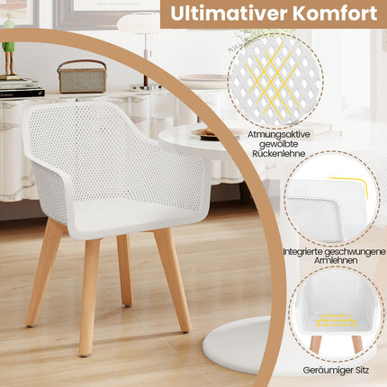 Set de 2 scaune de bucătărie, alb, picioare din lemn, spătar ergonomic