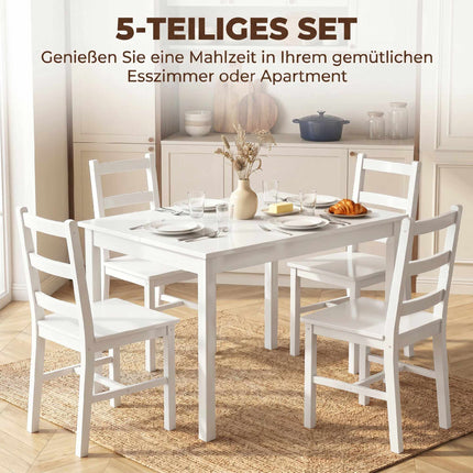 Set masă de sufragerie, 5 piese, lemn masiv de pin, alb, 4 locuri
