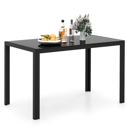 Masă de dining pentru 4 persoane, blat de sticlă, cadru metalic negru, 120x70x75 cm