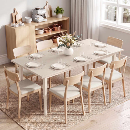 Masă de sufragerie pentru 8 persoane, design modern, picioare din lemn masiv, culoare crem