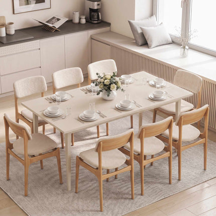 Masă de sufragerie pentru 8 persoane, design modern, picioare din lemn masiv, culoare crem