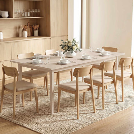 Masă de sufragerie pentru 8 persoane, design modern, picioare din lemn masiv, culoare crem