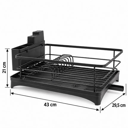 Dish Drainer with Rotating Drain and Cutlery Holder, Black, 43 cm Wide