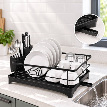 Dish Drainer with Rotating Drain and Cutlery Holder, Black, 43 cm Wide