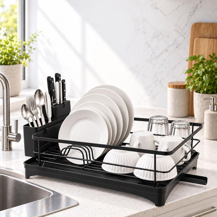 Dish Drainer with Rotating Drain and Cutlery Holder, Black, 43 cm Wide