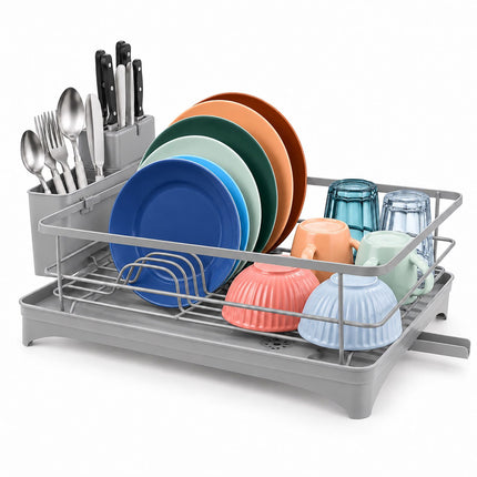 Dish Drainer with Rotating Drain and Cutlery Holder, Grey, 43 cm Wide