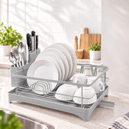 Dish Drainer with Rotating Drain and Cutlery Holder, Grey, 43 cm Wide