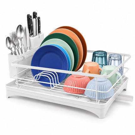 Dish Drainer with Rotating Drain and Cutlery Holder, White, 43 cm Wide