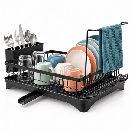 Dish Drainer with Rotating Drain and Tea Towel Rail, Black, Sponge Shelf