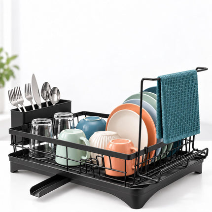 Dish Drainer with Rotating Drain and Tea Towel Rail, Black, Sponge Shelf