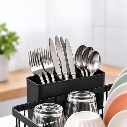 Dish Drainer with Rotating Drain and Tea Towel Rail, Black, Sponge Shelf