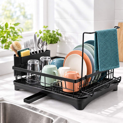 Dish Drainer with Rotating Drain and Tea Towel Rail, Black, Sponge Shelf