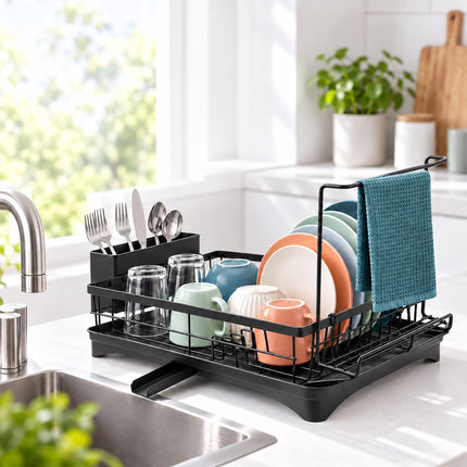 Dish Drainer with Rotating Drain and Tea Towel Rail, Black, Sponge Shelf