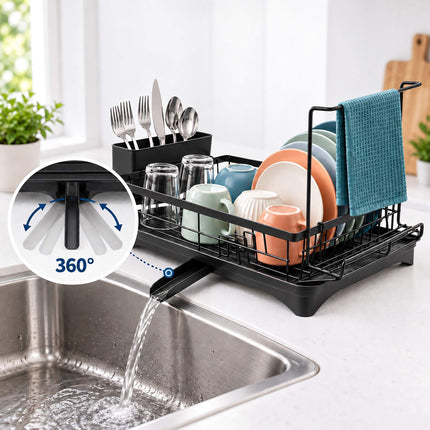 Dish Drainer with Rotating Drain and Tea Towel Rail, Black, Sponge Shelf
