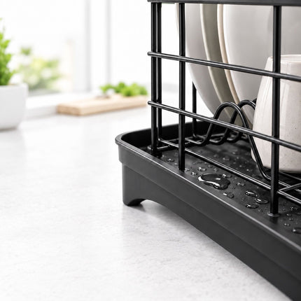 Dish Drying Rack with Drainage Tray and Cutlery Basket, Black, 360° Outlet