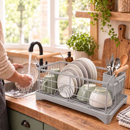 Dish Drying Rack with Drainage Tray and Cutlery Basket, Grey, 360° Outlet