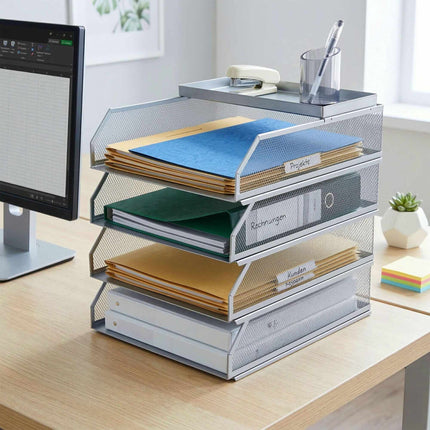 Organizator de documente, plasă metalică, tăvi A4 cu 4 niveluri