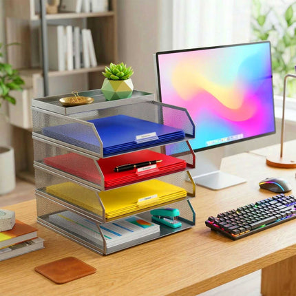 Organizator de documente, plasă metalică, tăvi A4 cu 4 niveluri