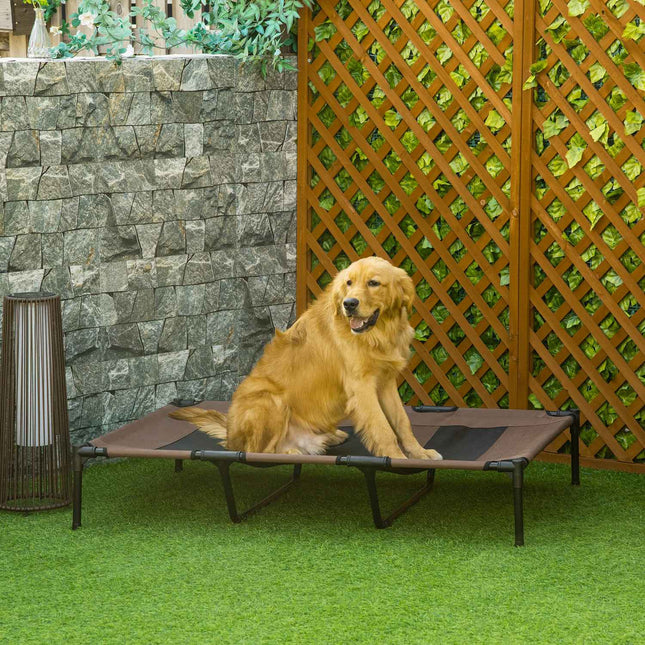 Pat pentru câini Şezlong pentru câini în aer liber Pat pentru pisici în aer liber Pat pentru animale de companie Loc de dormit Tesatura Oxford metalică cafea maro 122 X 92 X 23 Cm