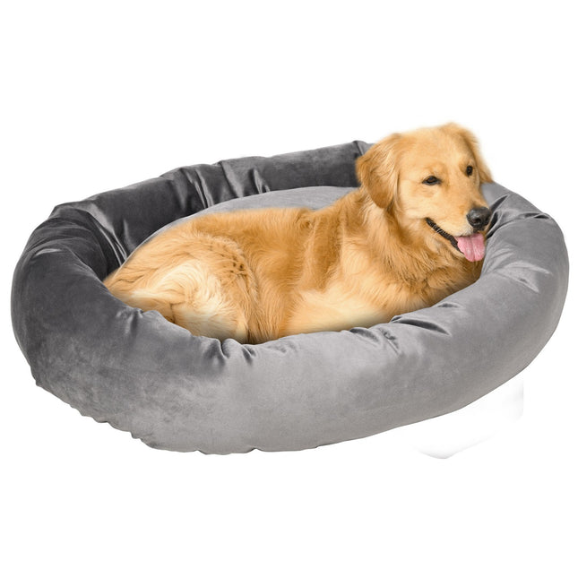 Round dog bed - velvet smooth polyester, removable cover, gray