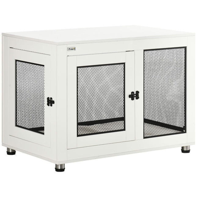Dog cage with tabletop & cushion - indoor, 2 doors, white/black