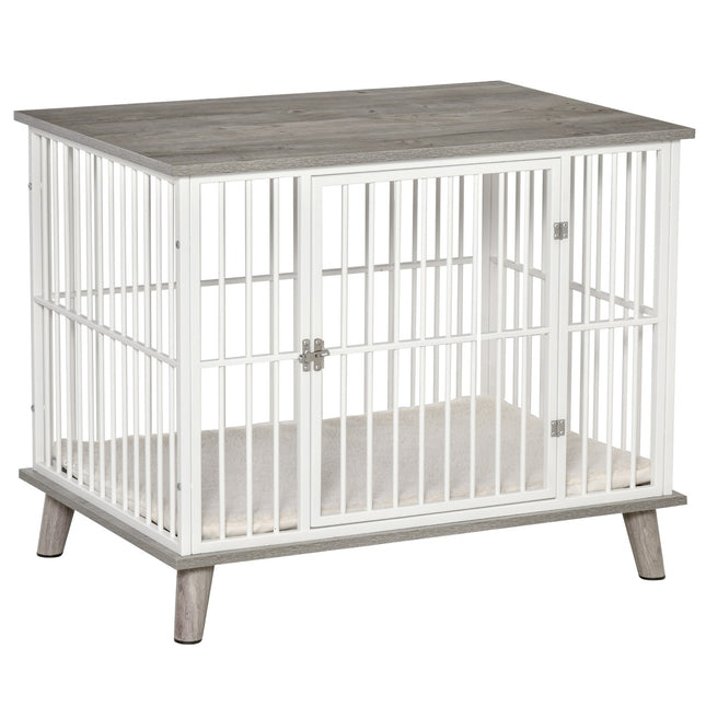 Cușcă pentru câini cu aspect lemn pernă pentru masă câini mijlocii alb + gri 86X60X70Cm