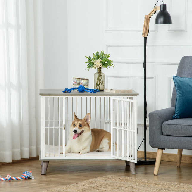 Cușcă pentru câini cu aspect lemn pernă pentru masă câini mijlocii alb + gri 86X60X70Cm