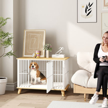 Medium dog cage with cushion and lockable door, oak