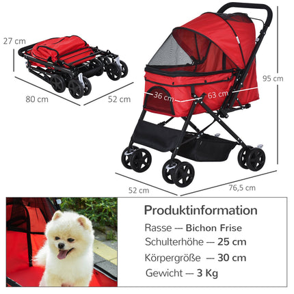 Cărucior pentru Câini Oxford Red 76.5X52X95Cm Câini & Pisici Mici