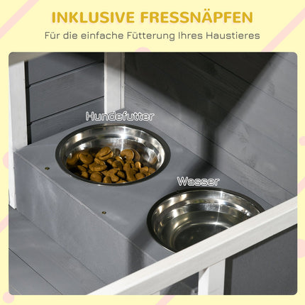Weatherproof Spruce Wood Dog House with Terrace and Bowls