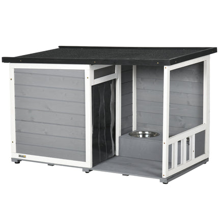 Weatherproof Spruce Wood Dog House with Terrace and Bowls