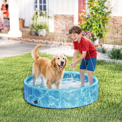 Piscină pliabilă pentru câini cu design de fântână și pernă de apă Ø120 x 30 cm Albastru