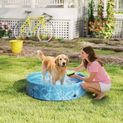 Piscină pliabilă pentru câini cu design de fântână și pernă de apă Ø120 x 30 cm Albastru