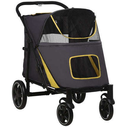 Collapsible pet stroller with cushion and mesh window, gray