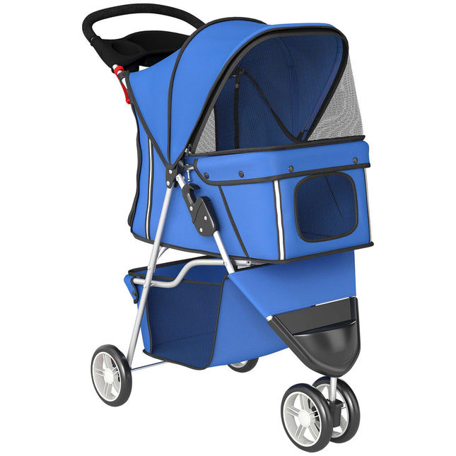 Cărucior pentru câini, pliabil, capacitate 10 kg, coșuleț, albastru