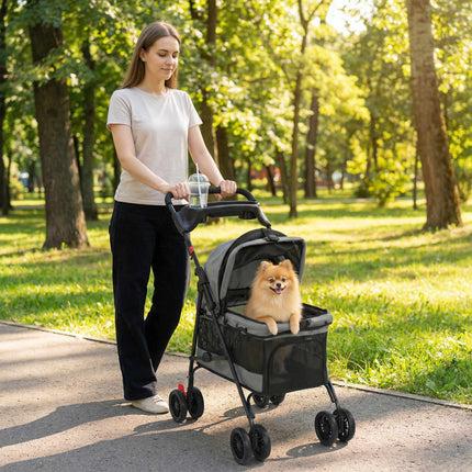 Cărucior pentru câini, pliabil, ferestre din plasă, până la 10 kg, gri