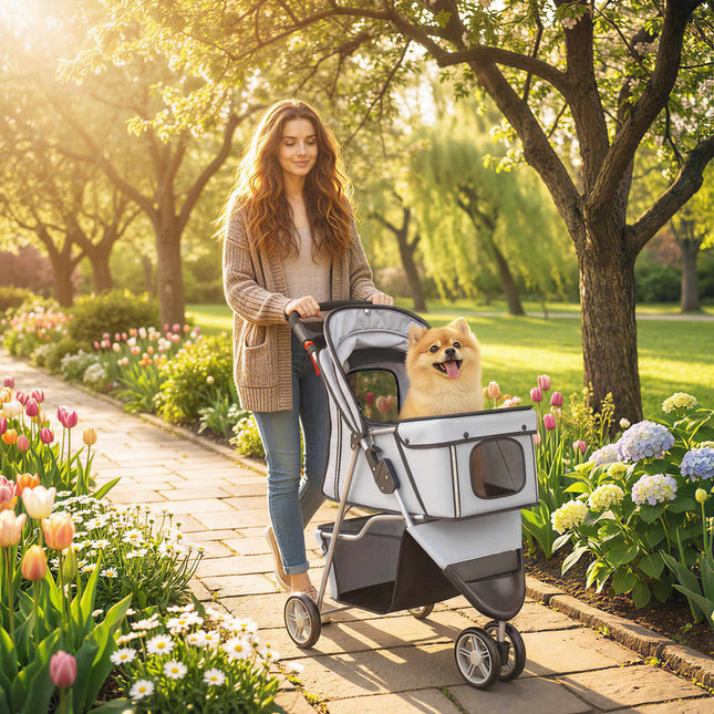Cărucior pentru câini, pliabil, coș de depozitare, suport pentru pahare, 10 kg, gri