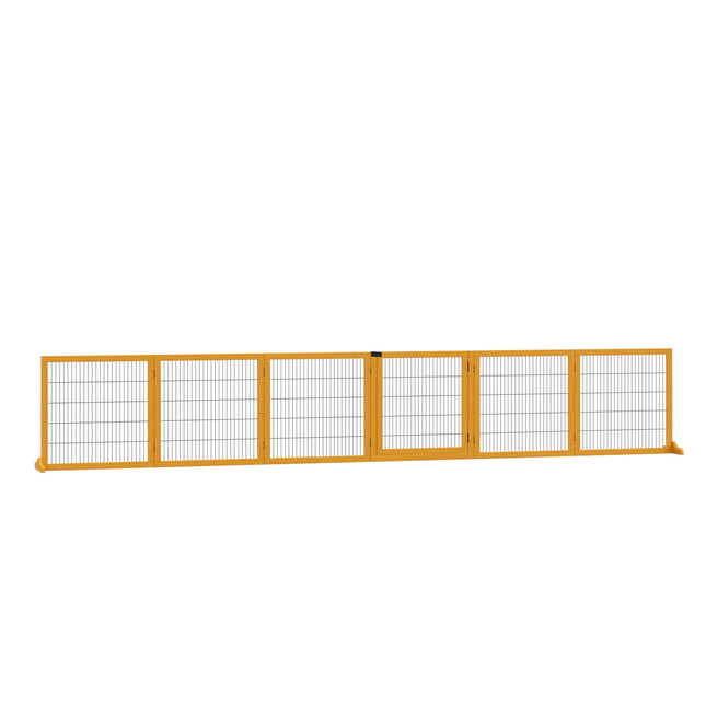 Bariera pentru câini, poartă de siguranță reglabilă cu picioare, poartă pentru câini din lemn 432 x 70 cm, poartă scară pliabilă, barieră pentru câini pentru scări, uși, hol, 6 panouri, galben |