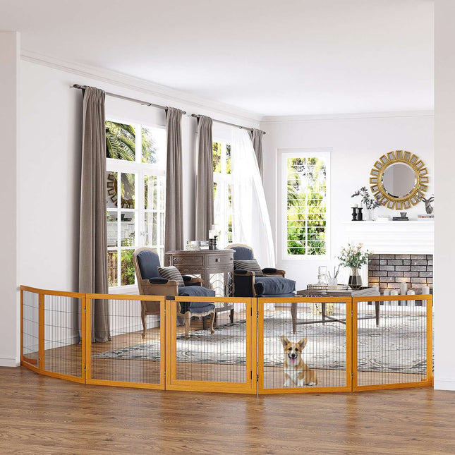 Bariera pentru câini, poartă de siguranță reglabilă cu picioare, poartă pentru câini din lemn 432 x 70 cm, poartă scară pliabilă, barieră pentru câini pentru scări, uși, hol, 6 panouri, galben |