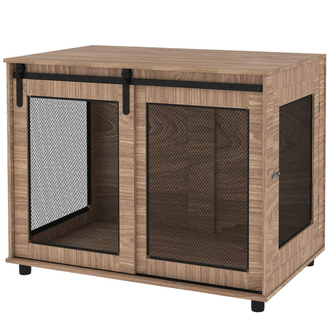 Mobilier cușcă pentru câini, cutie pentru câini cu 2 uși care se încuie, masă laterală pentru casă, căsuță pentru câini mari sub 30 kg, oțel, 98 x 60 x 78 cm, nuc |