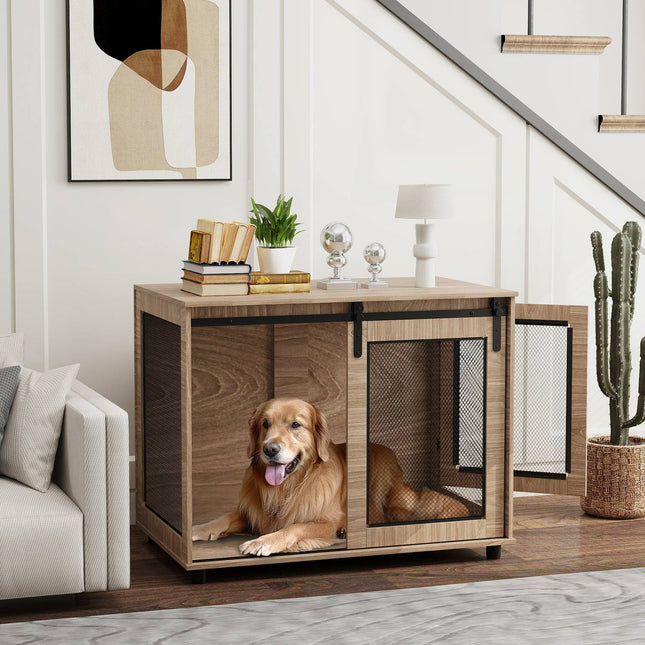 Mobilier cușcă pentru câini, cutie pentru câini cu 2 uși care se încuie, masă laterală pentru casă, căsuță pentru câini mari sub 30 kg, oțel, 98 x 60 x 78 cm, nuc |