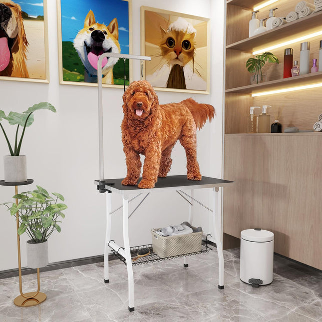 Masă de toaletă pentru câini, masă de tuns pentru câini cu înălțime reglabilă, masă de forfecare pliabilă, masă de toaletă pentru animale de companie cu coș de plasă, chingi, pentru uscare, tuns părul, capacitate de încărcare până la 4