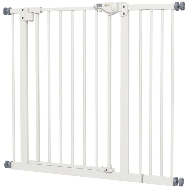 Poarta de protectie usa pentru caini, poarta bariera, 74-80/87-94 cm, poarta scara pentru animale de companie, poarta pentru caini inclusiv diverse extensii, poarta de protectie fara gaurire, metal, plastic, alb |